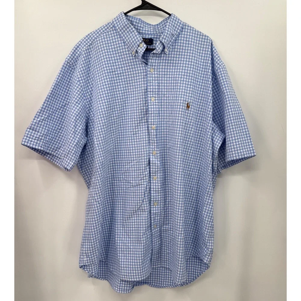 Polo Ralph Lauren M Blue Gingham Classic Fit Short Sleeve Button Down‎ Shirt 3XB